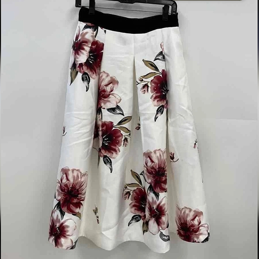 White House Black Market White Skirt with Burgundy Floral Print